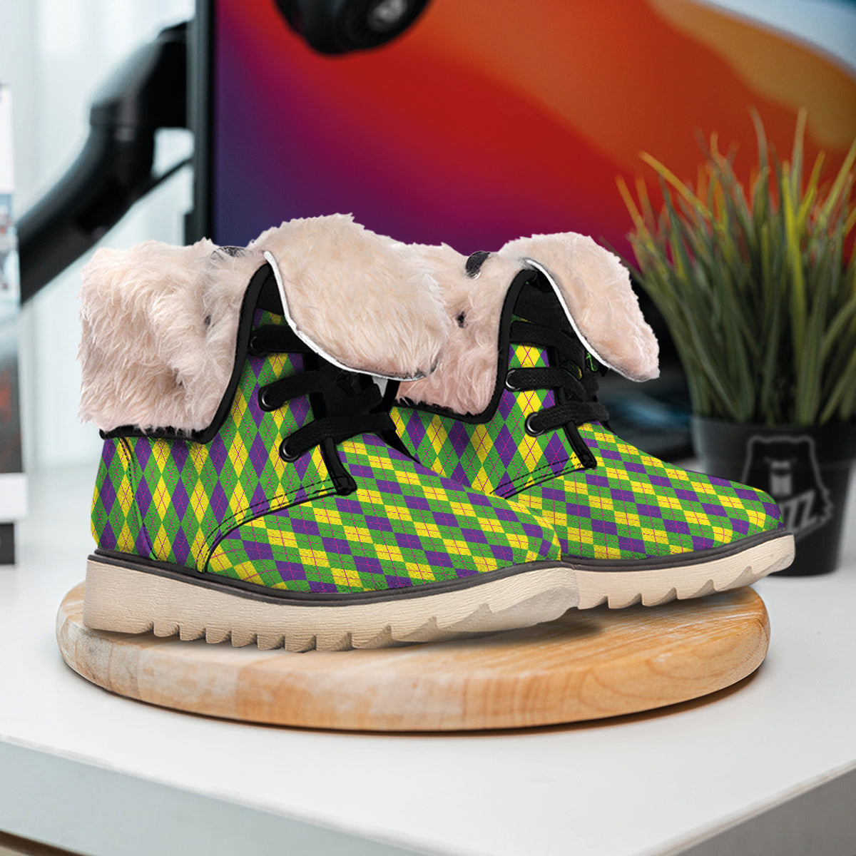 Argyle Mardi Gras Print Pattern Snow Boots-grizzshop