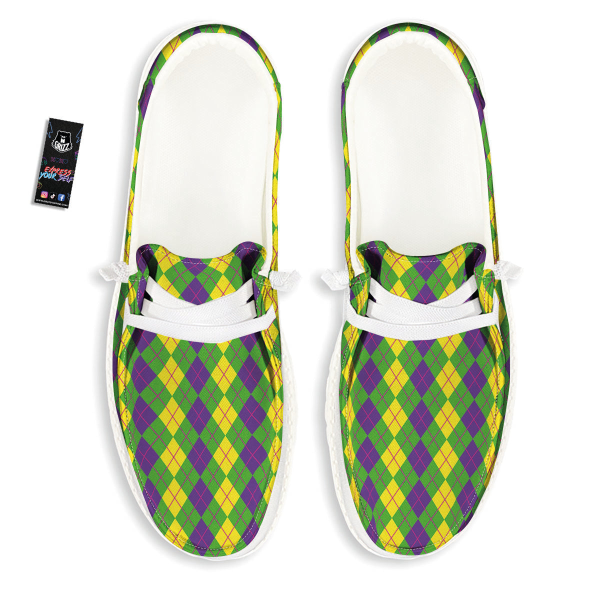 Argyle Mardi Gras Print Pattern White Loafers-grizzshop
