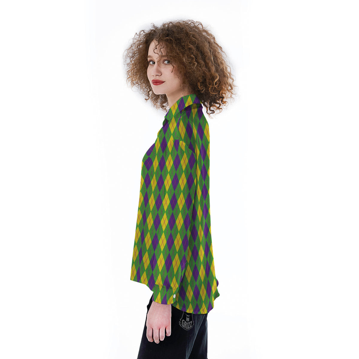 Argyle Mardi Gras Print Pattern Women's Long Sleeve Shirts-grizzshop