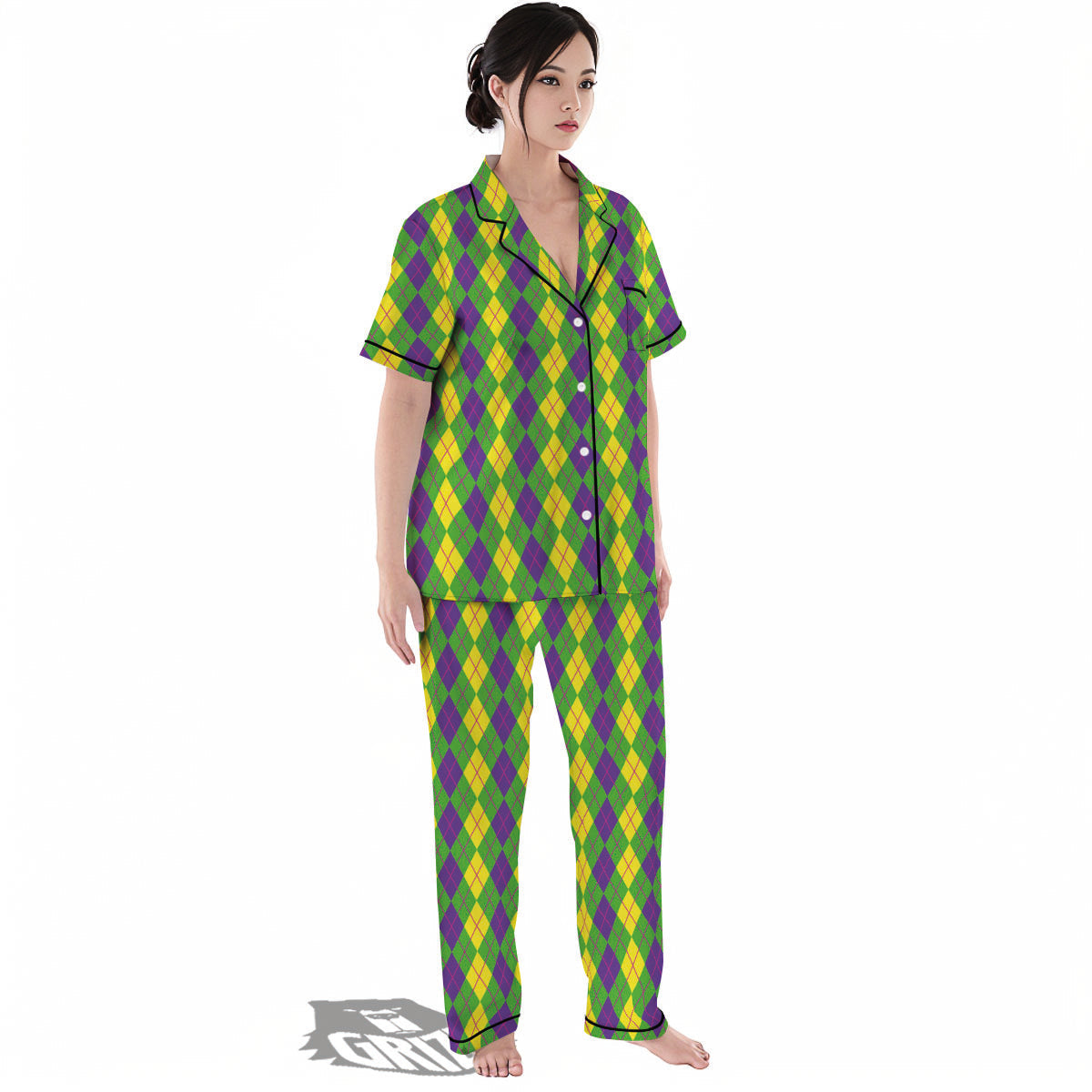 Argyle Mardi Gras Print Pattern Women's Pajamas Set-grizzshop