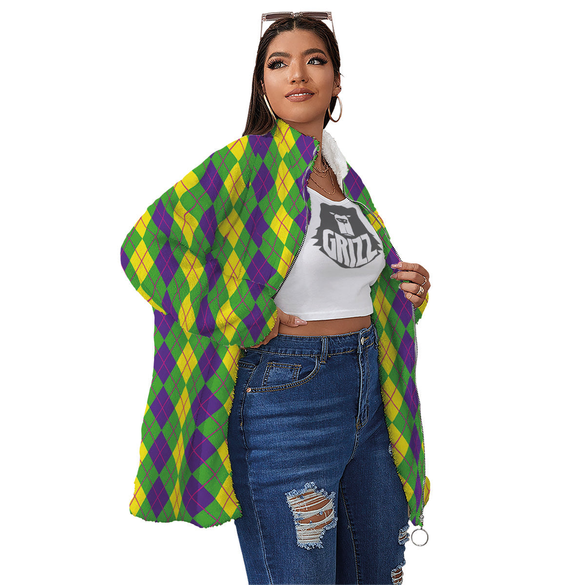 Argyle Mardi Gras Print Pattern Women's Sherpa Jacket-grizzshop
