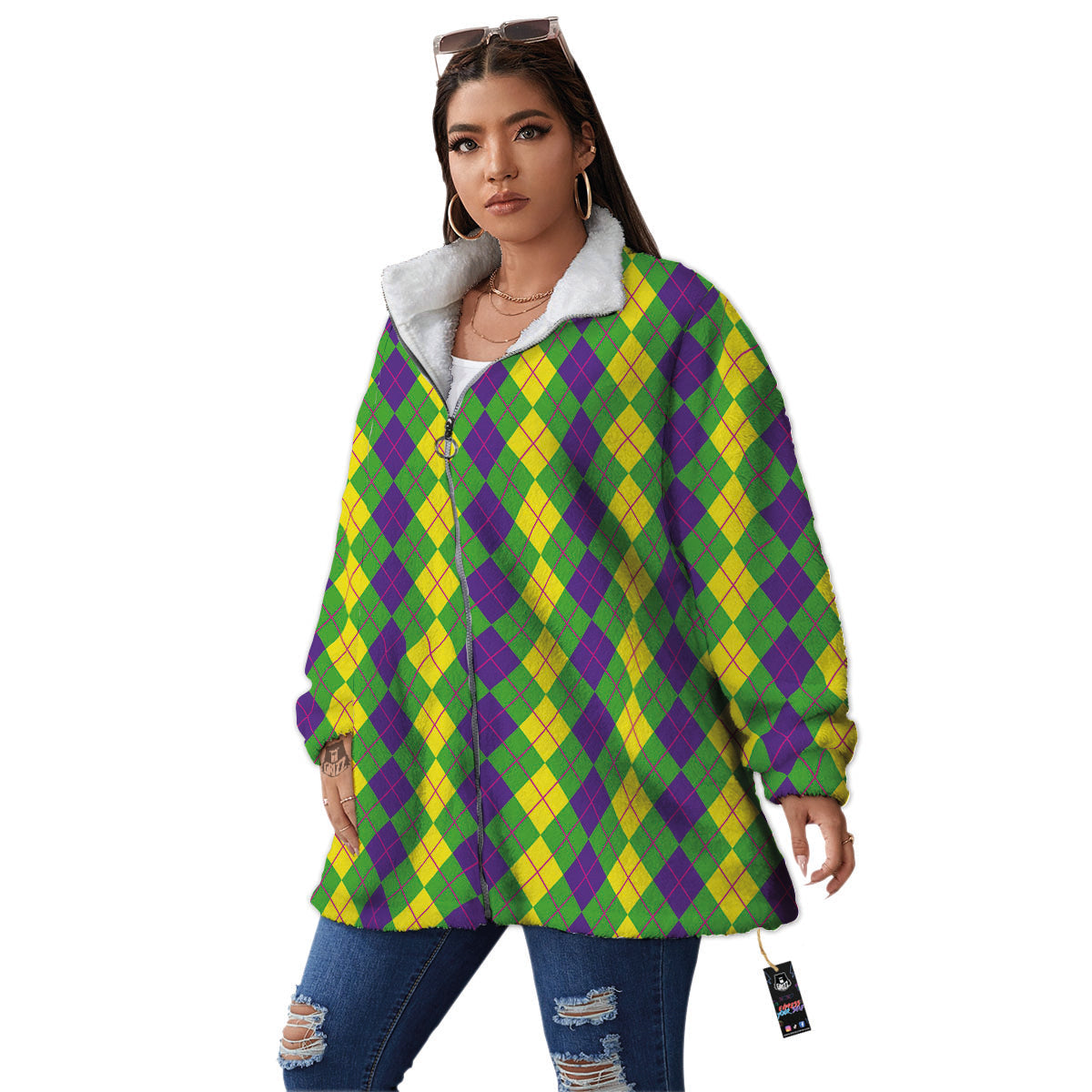 Argyle Mardi Gras Print Pattern Women's Sherpa Jacket-grizzshop