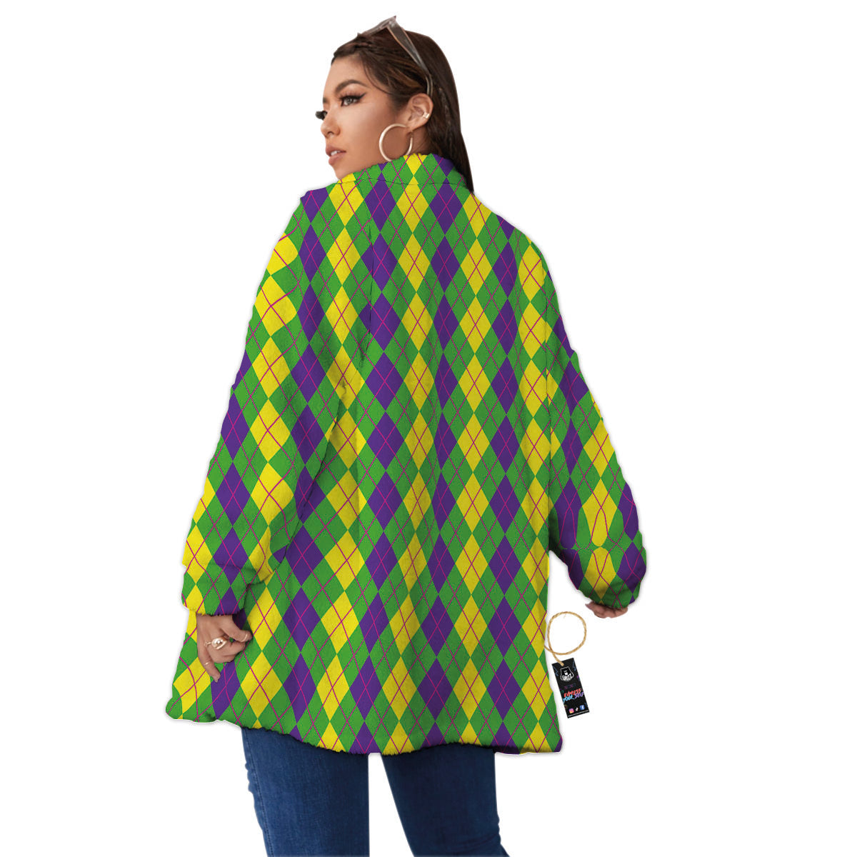 Argyle Mardi Gras Print Pattern Women's Sherpa Jacket-grizzshop