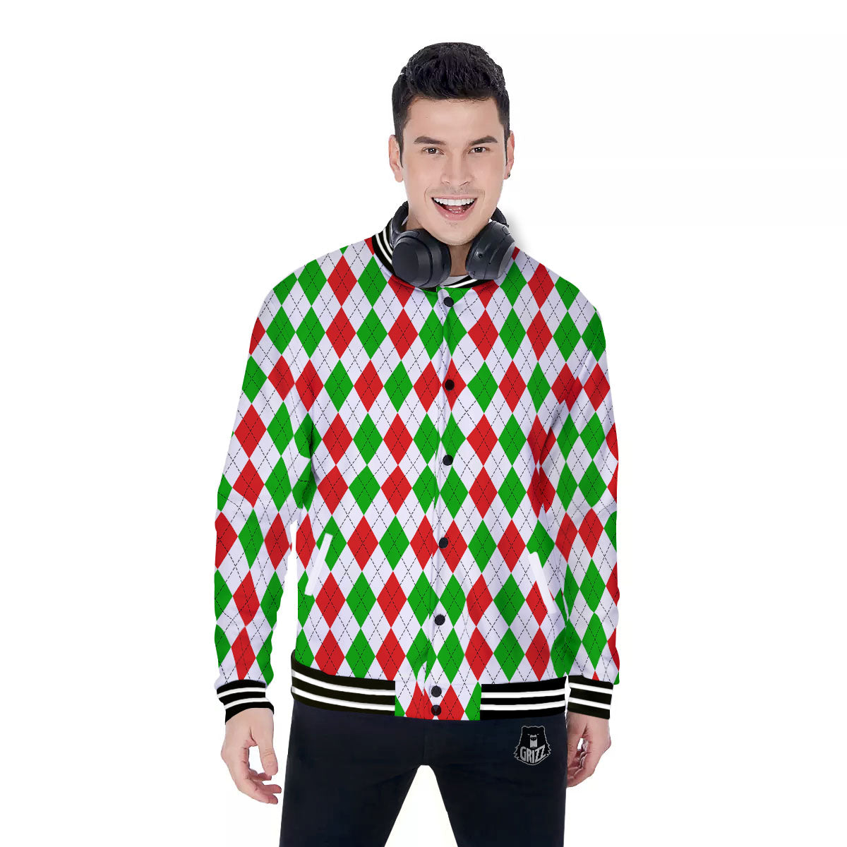 Argyle Merry Christmas Print Pattern Baseball Jacket-grizzshop