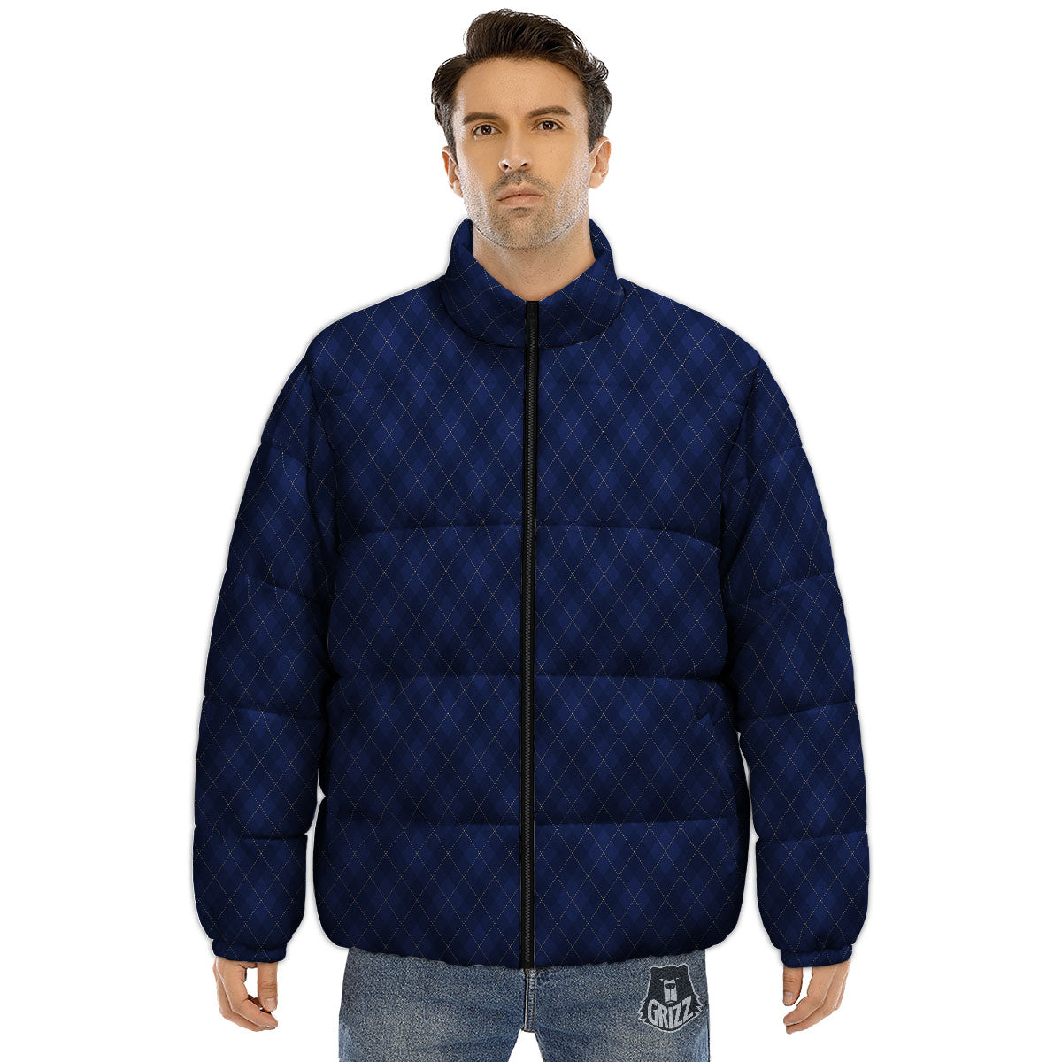 Argyle Navy Blue Print Pattern Puffer Jacket-grizzshop
