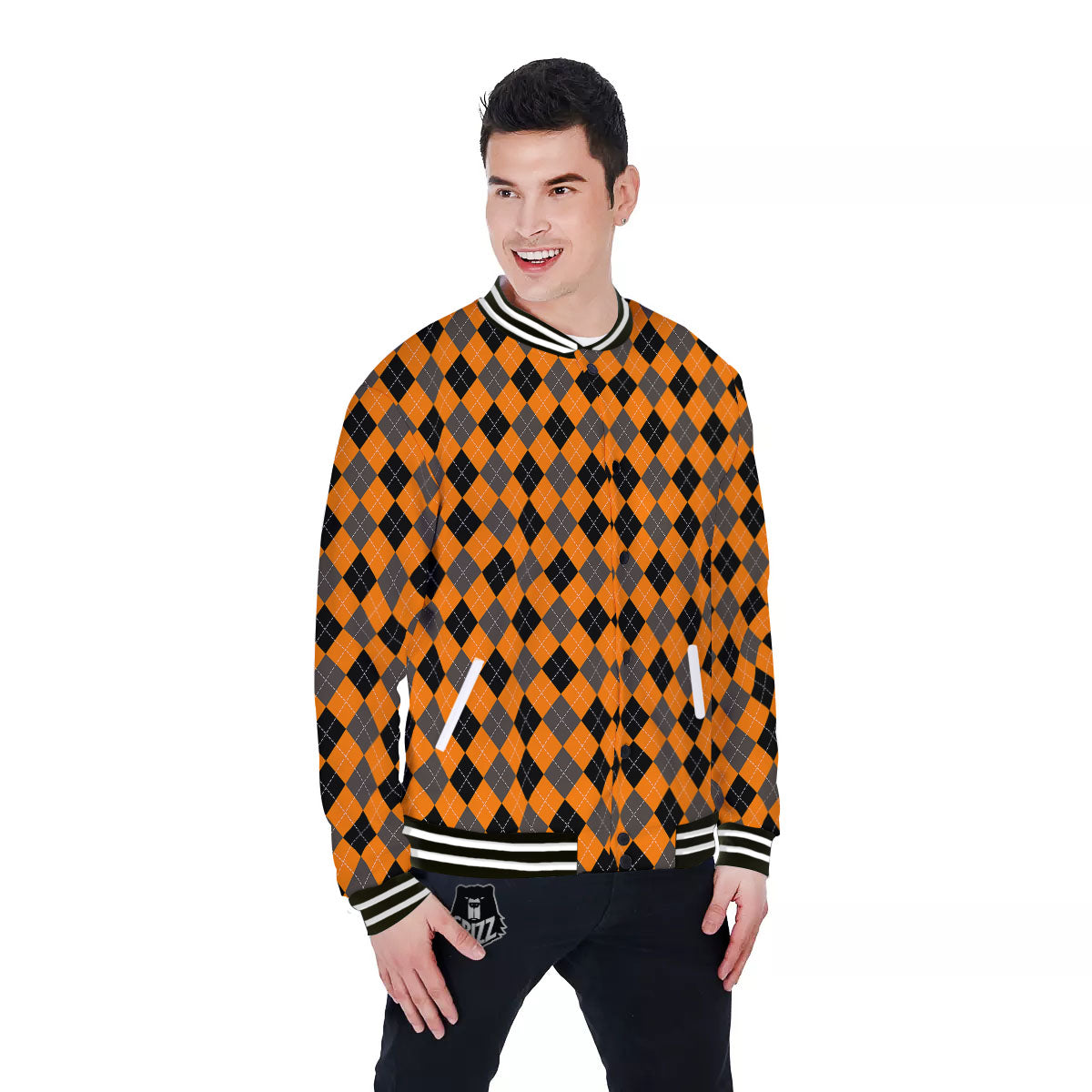 Argyle Orange And Black Print Pattern Baseball Jacket-grizzshop