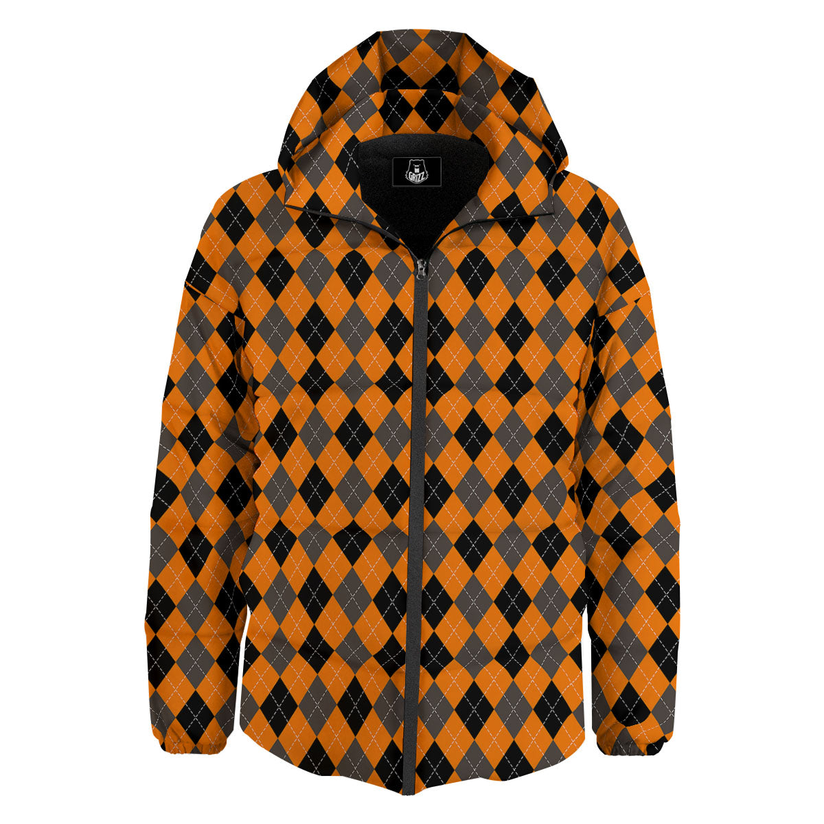 Argyle Orange And Black Print Pattern Down Jacket-grizzshop