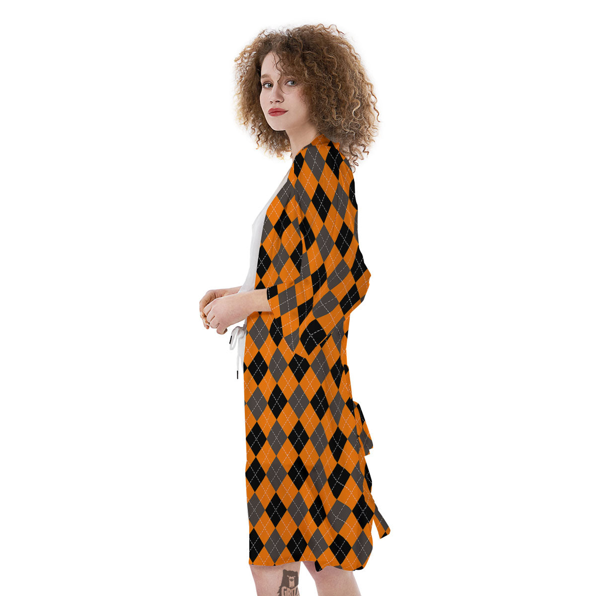 Argyle Orange And Black Print Pattern Kimono-grizzshop