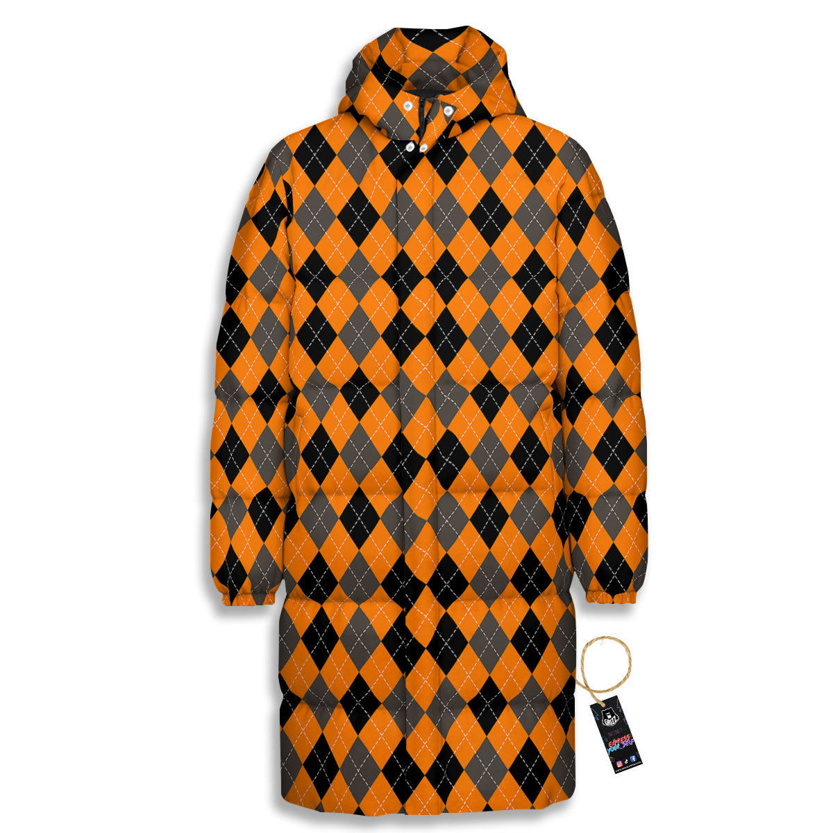 Argyle Orange And Black Print Pattern Long Down Jacket-grizzshop