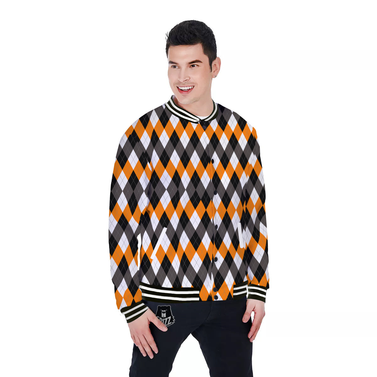 Argyle Orange Black And White Print Pattern Baseball Jacket-grizzshop