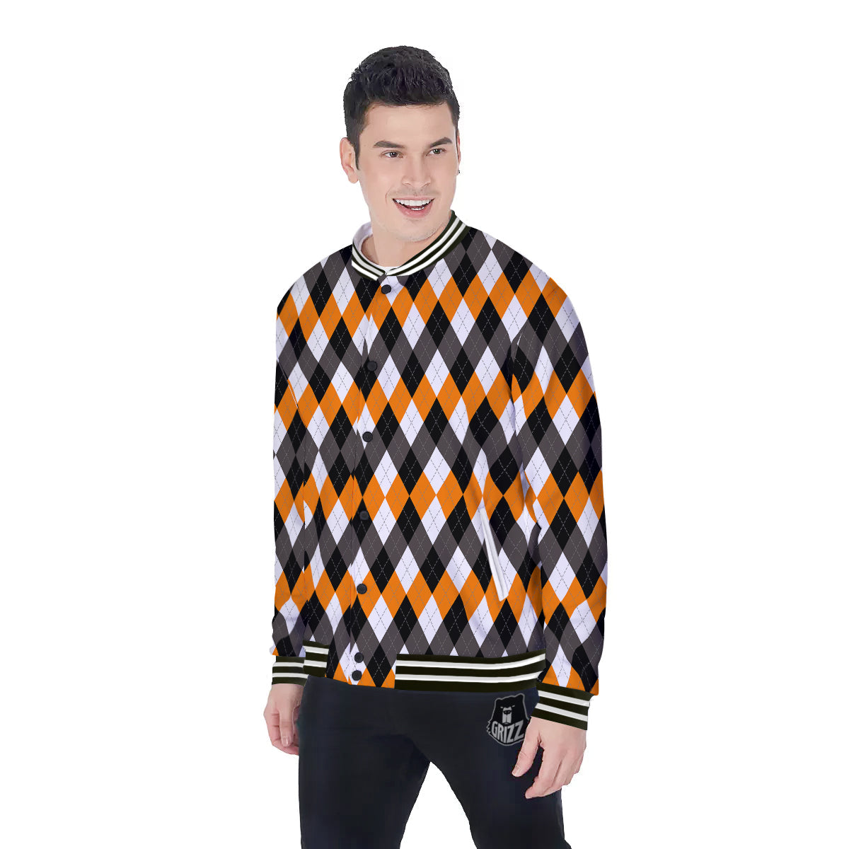 Argyle Orange Black And White Print Pattern Baseball Jacket-grizzshop