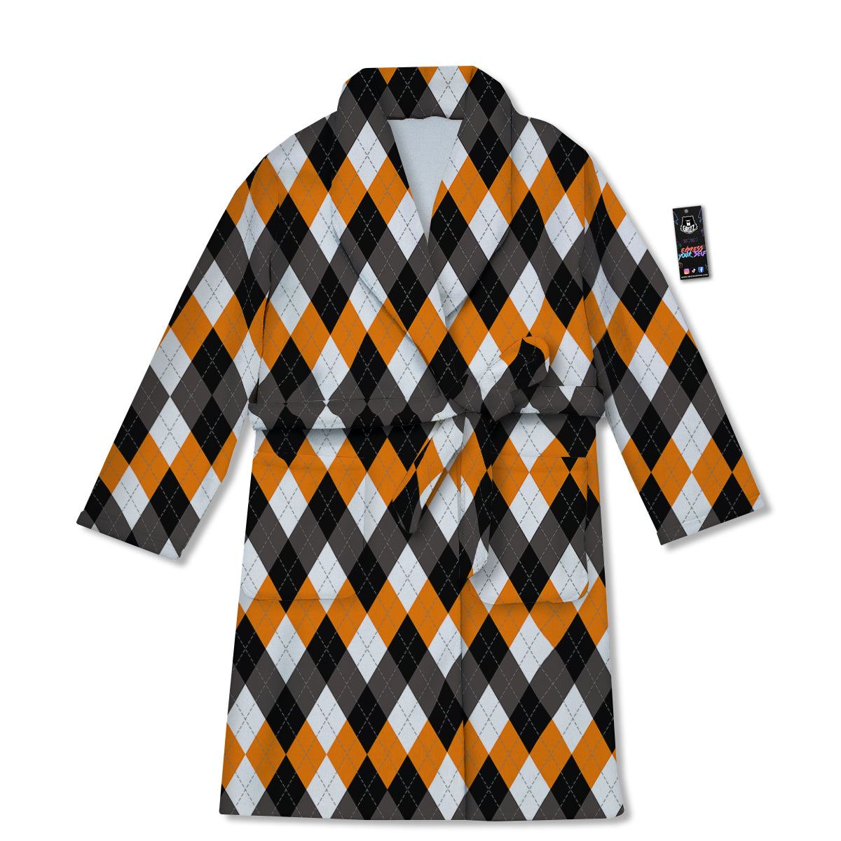 Argyle Orange Black And White Print Pattern Bathrobe-grizzshop
