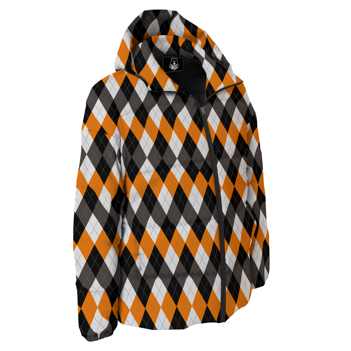 Argyle Orange Black And White Print Pattern Down Jacket-grizzshop