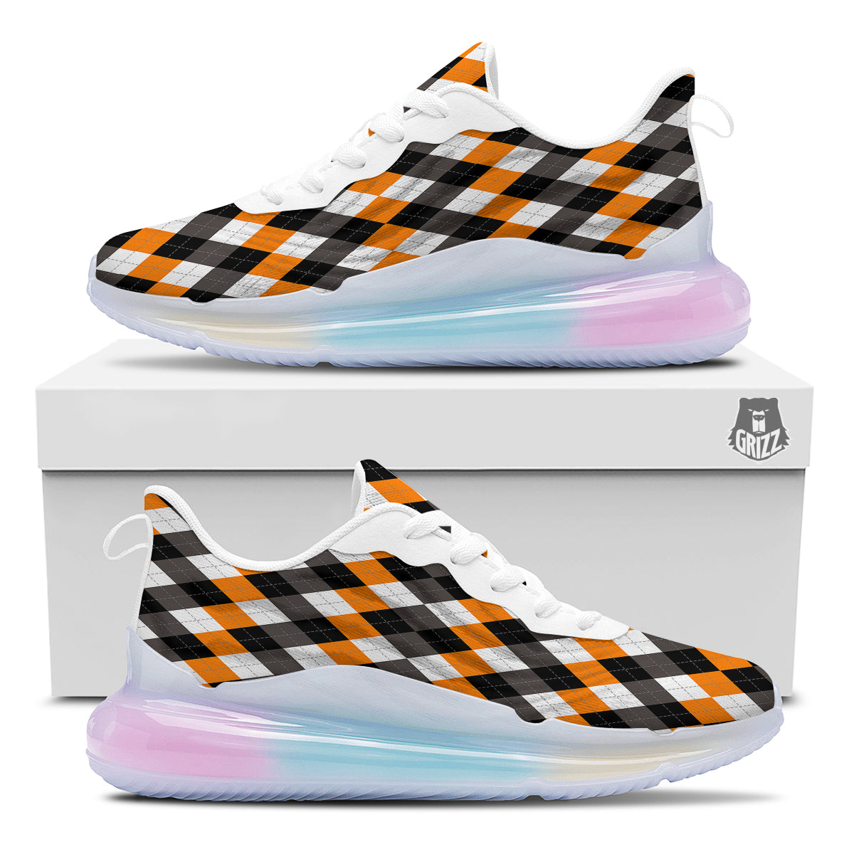 Argyle Orange Black And White Print Pattern Running Sneakers-grizzshop