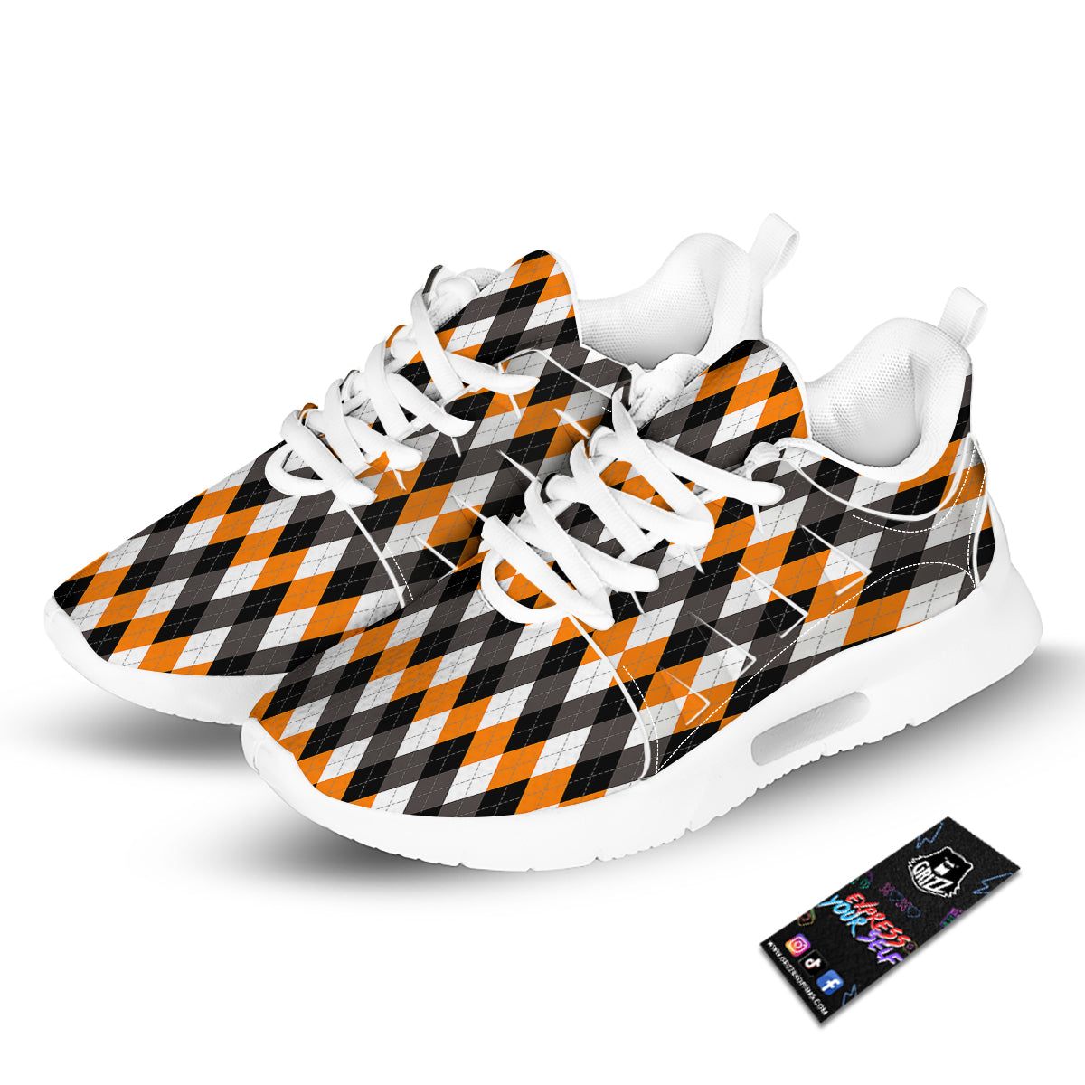 Argyle Orange Black And White Print Pattern Tennis Shoes-grizzshop
