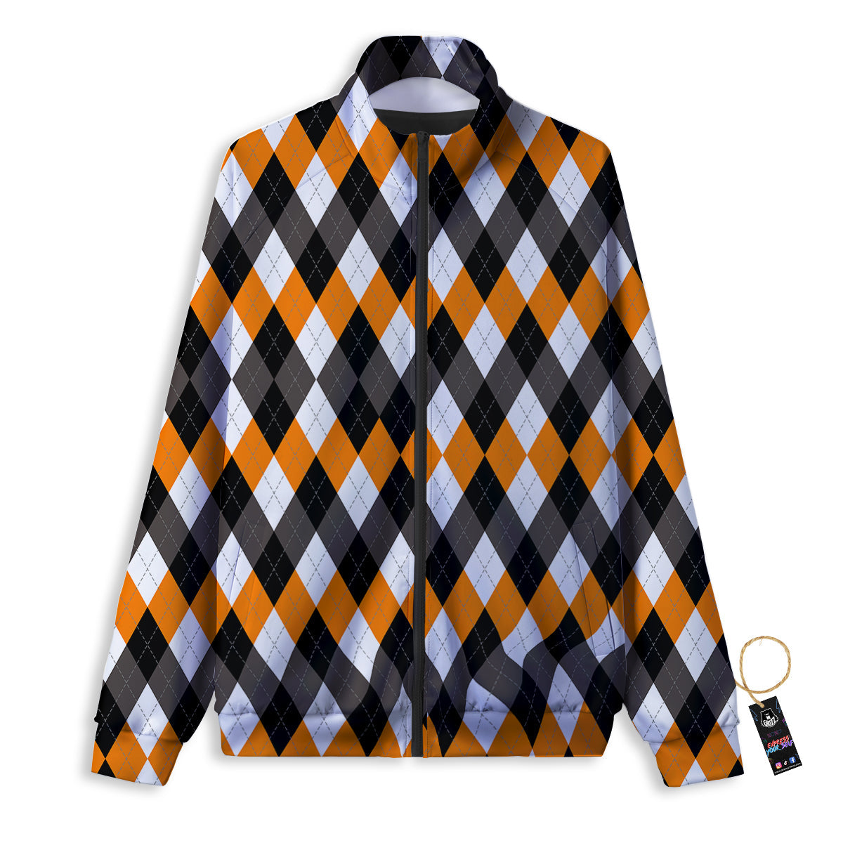 Argyle Orange Black And White Print Pattern Track Jacket-grizzshop