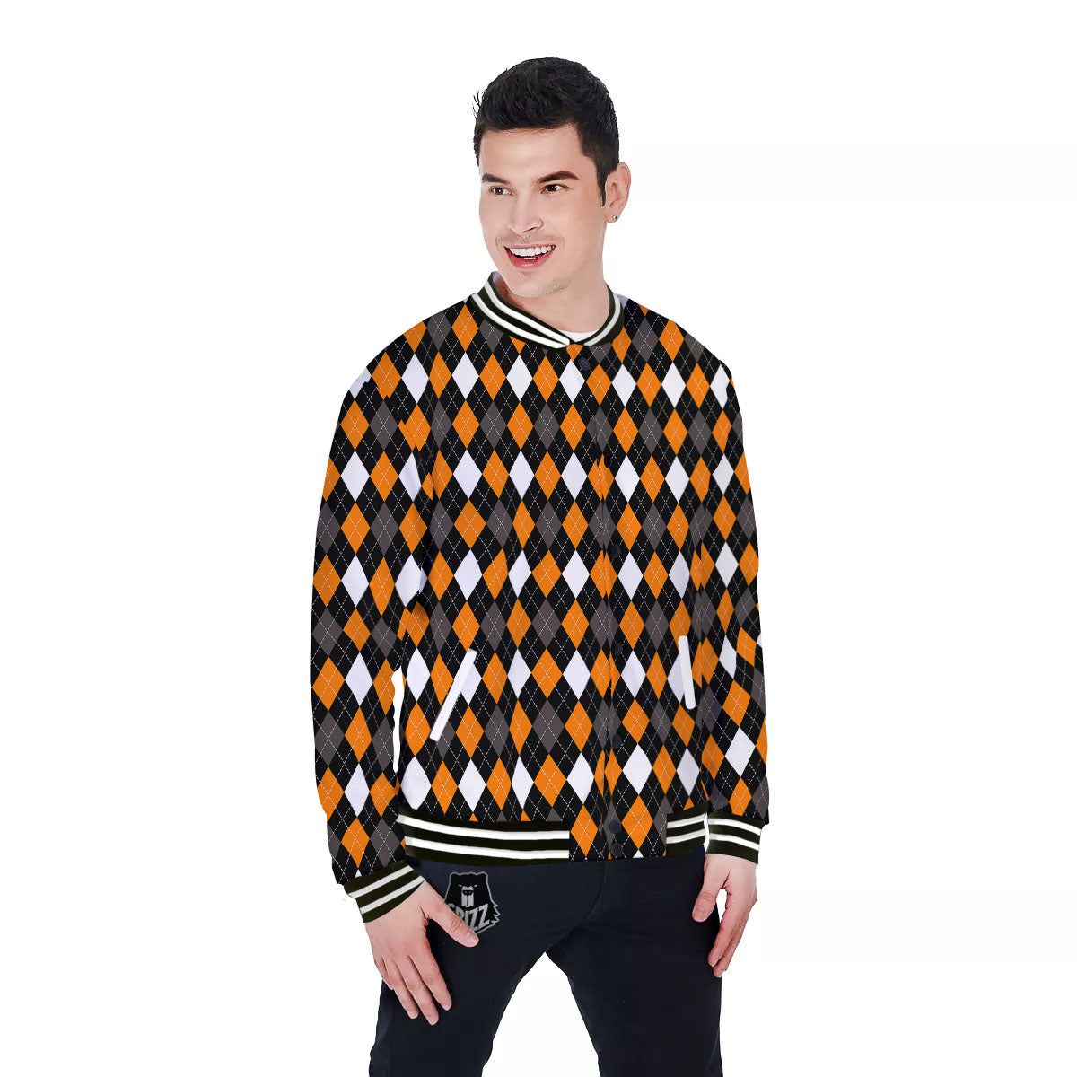 Argyle Orange Black Grey And White Print Baseball Jacket-grizzshop