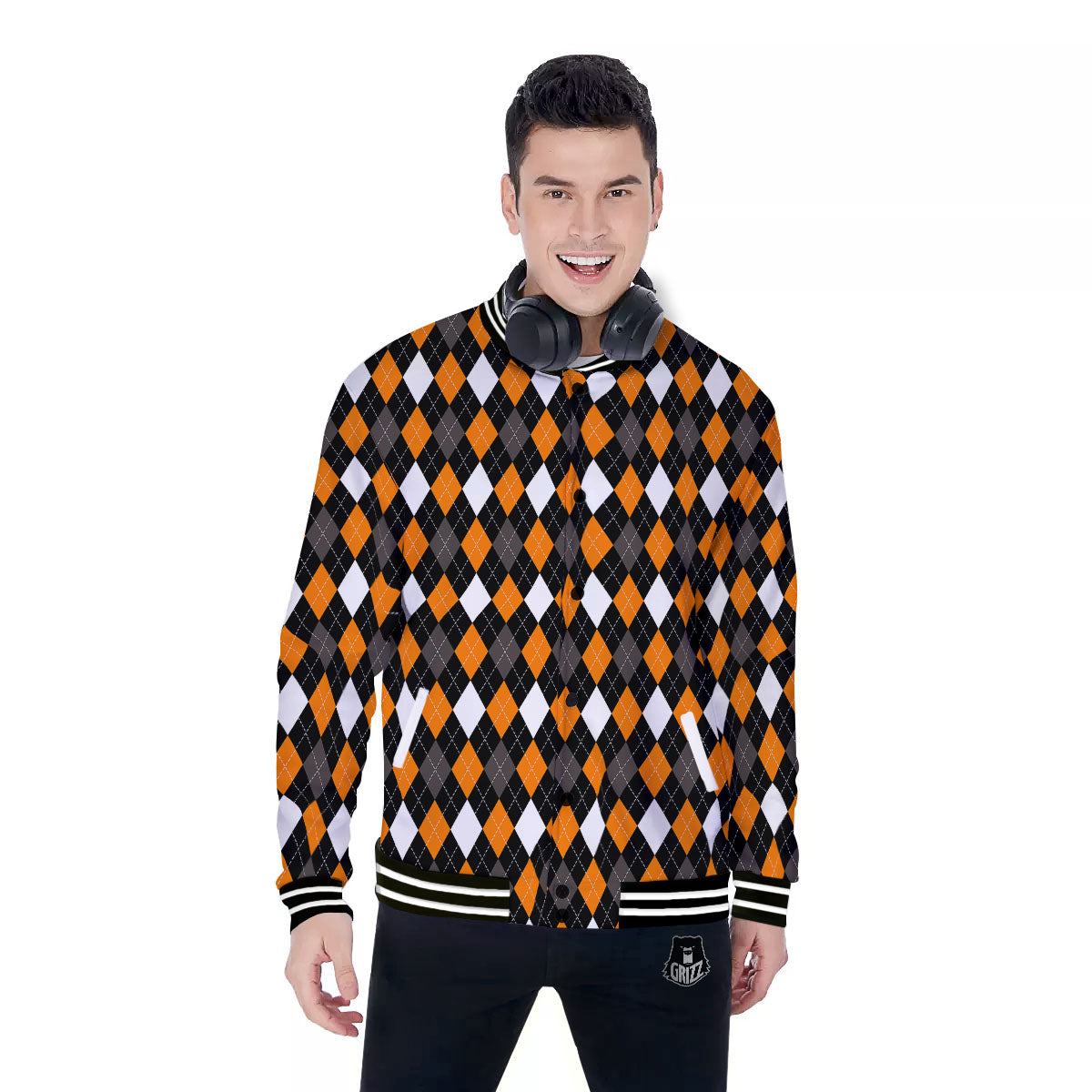 Argyle Orange Black Grey And White Print Baseball Jacket-grizzshop