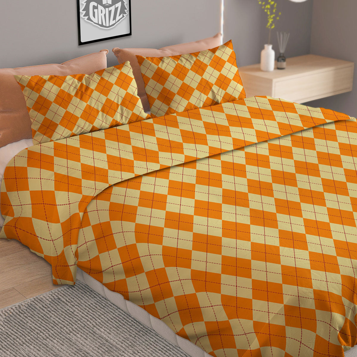 Argyle Orange Print Pattern Duvet Cover Bedding Set-grizzshop