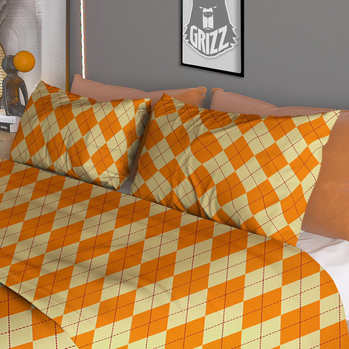 Argyle Orange Print Pattern Duvet Cover Bedding Set-grizzshop