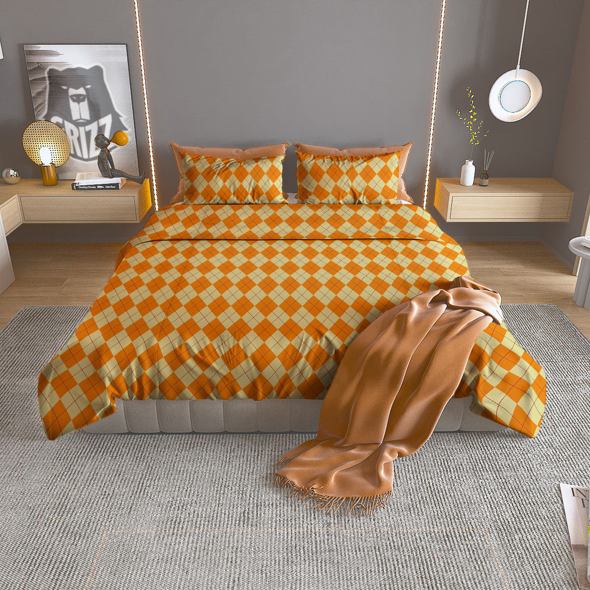 Argyle Orange Print Pattern Duvet Cover Bedding Set-grizzshop