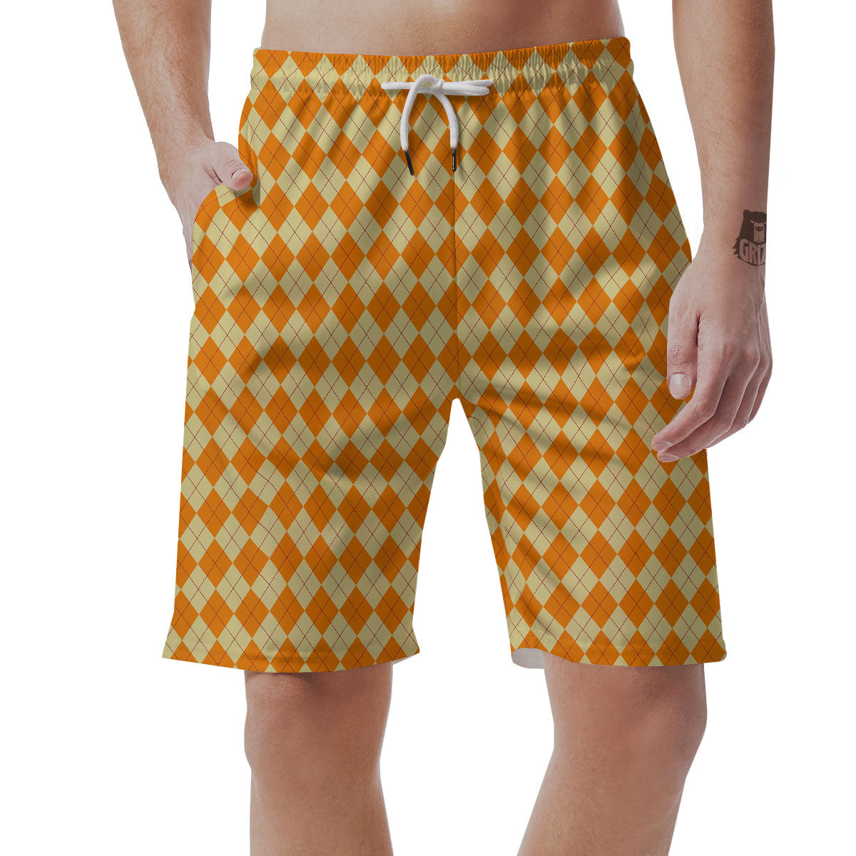 Argyle Orange Print Pattern Men's Shorts-grizzshop