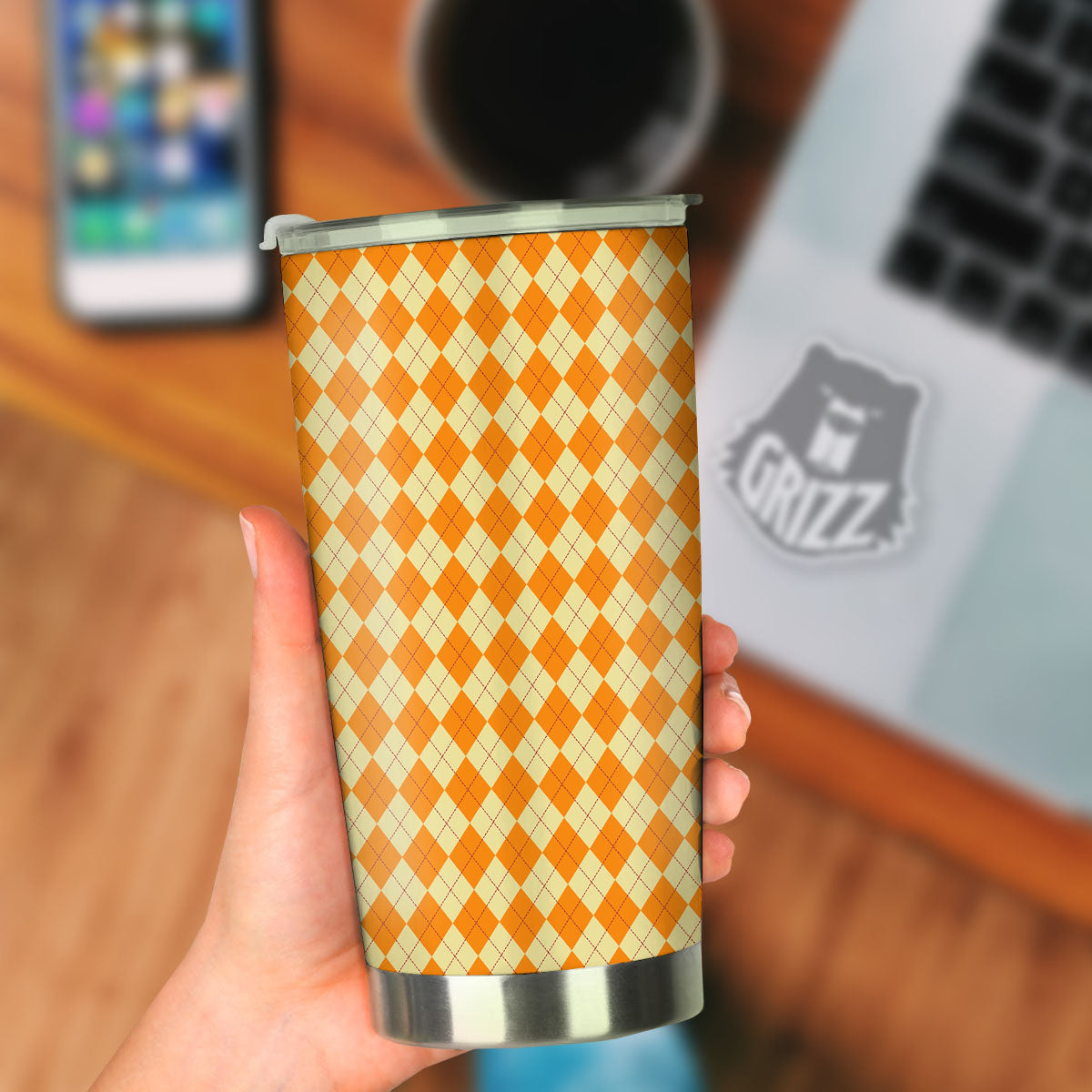 Argyle Orange Print Pattern Tumbler-grizzshop