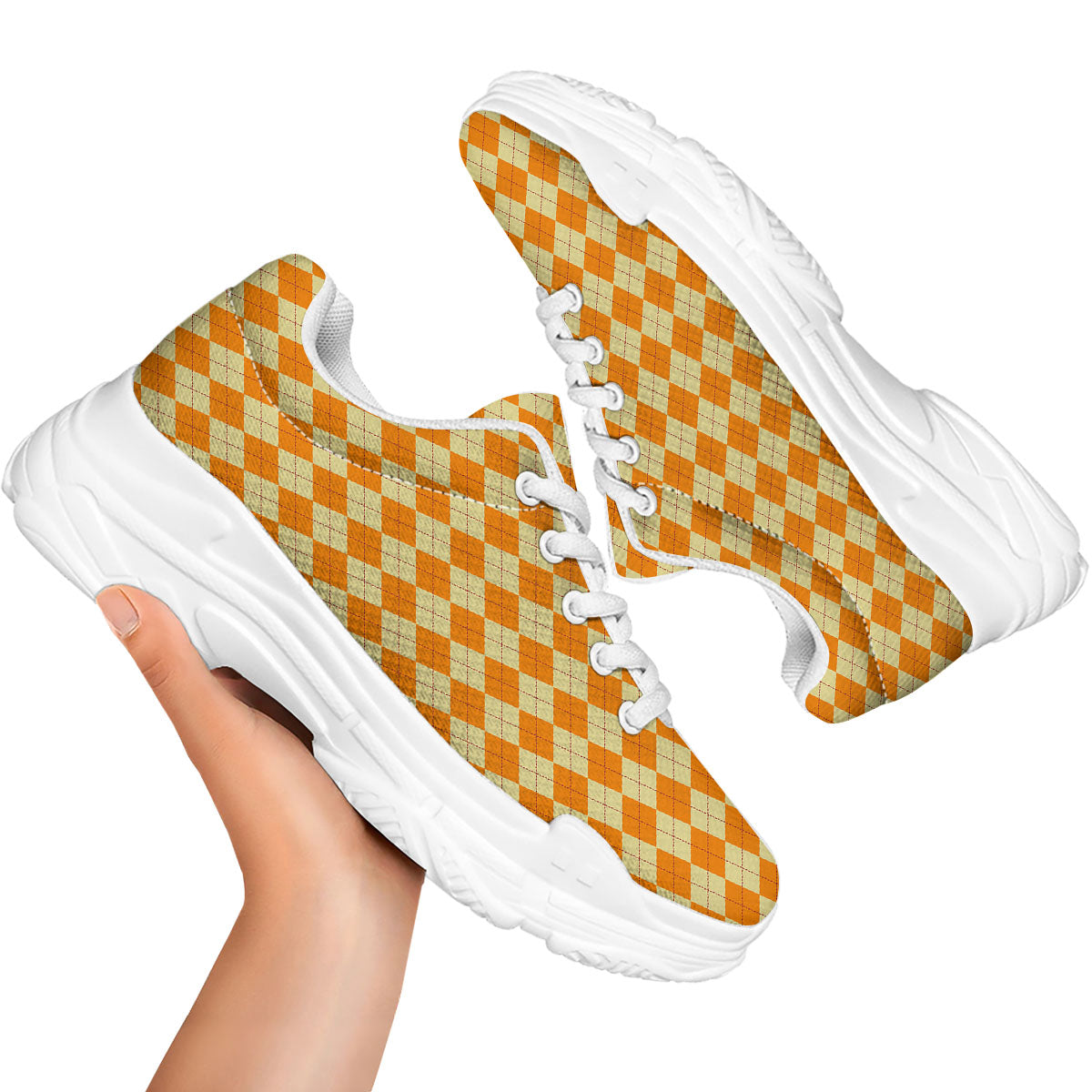Argyle Orange Print Pattern White Chunky Shoes-grizzshop