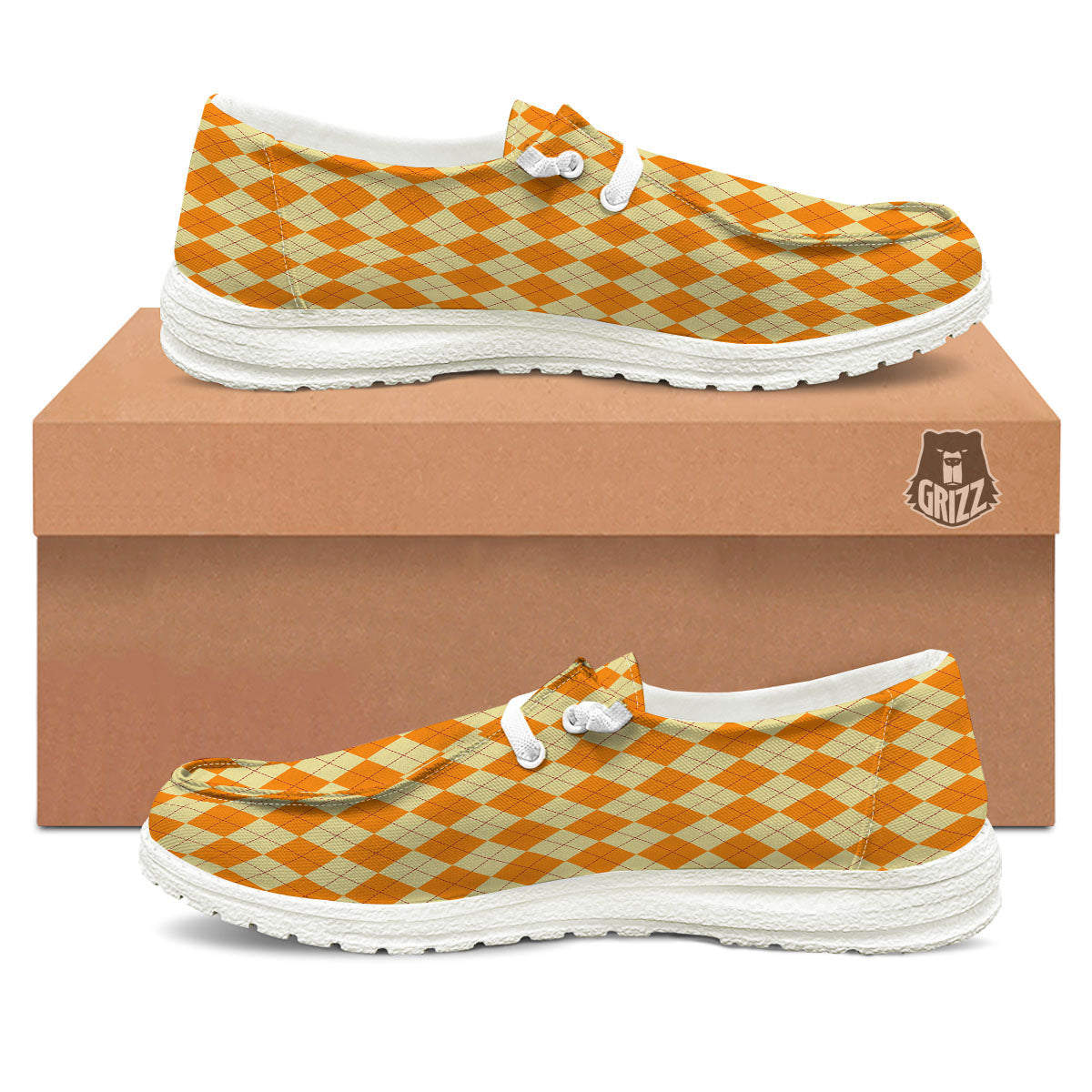 Argyle Orange Print Pattern White Loafers-grizzshop