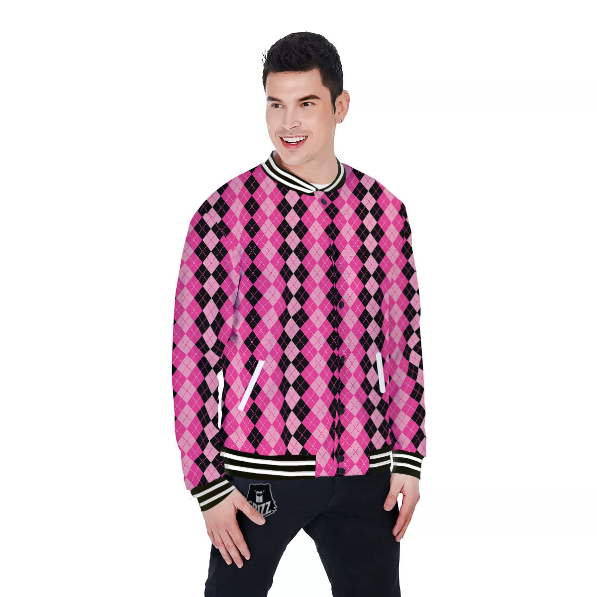 Argyle Pink And Black Print Pattern Baseball Jacket-grizzshop