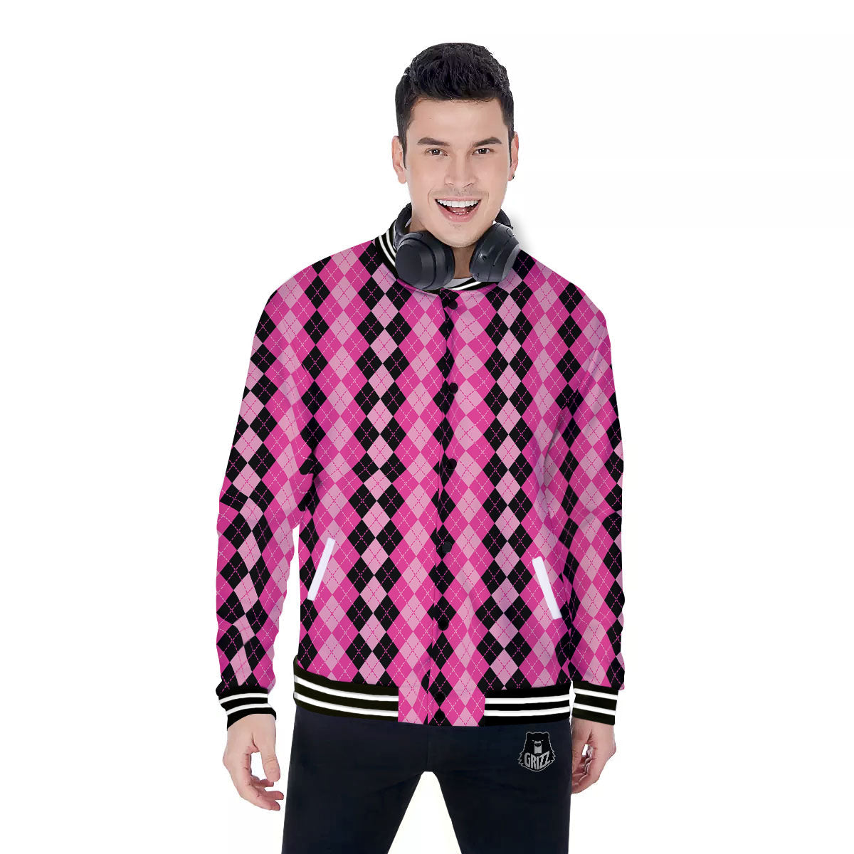 Argyle Pink And Black Print Pattern Baseball Jacket-grizzshop