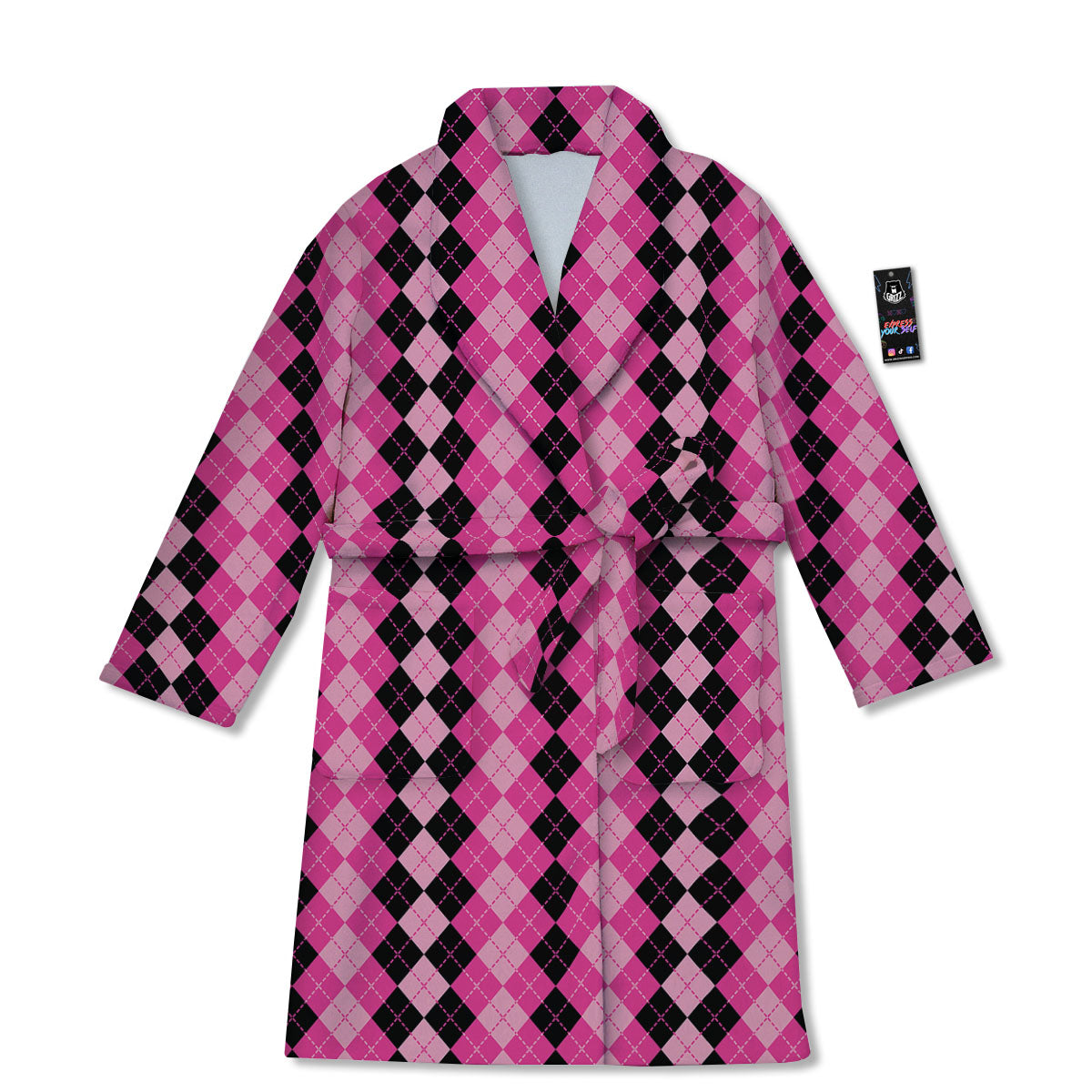 Argyle Pink And Black Print Pattern Bathrobe-grizzshop