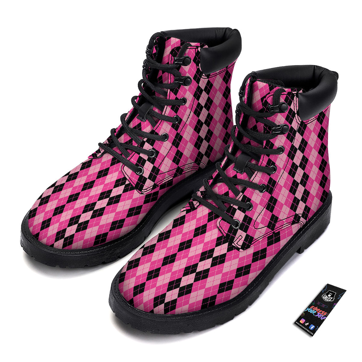Argyle Pink And Black Print Pattern Boots-grizzshop