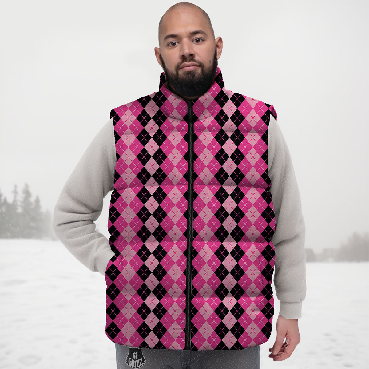 Argyle Pink And Black Print Pattern Down Vest-grizzshop