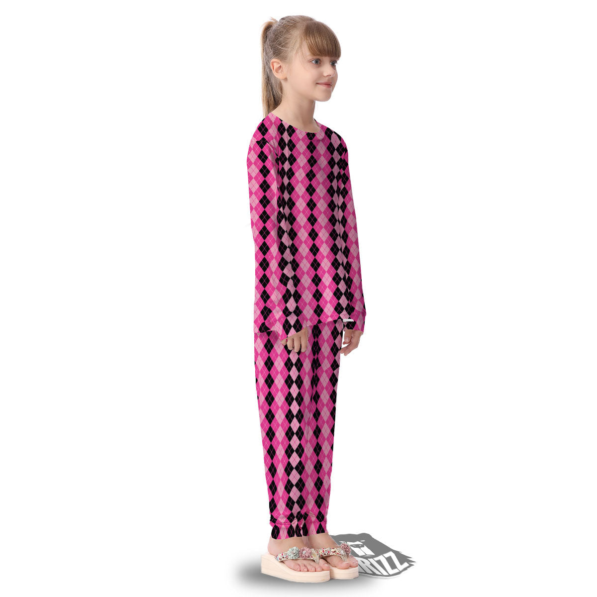 Argyle Pink And Black Print Pattern Kid's Pajamas-grizzshop