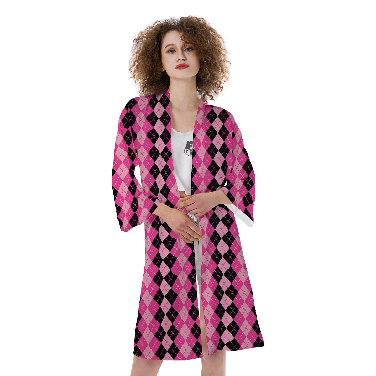 Argyle Pink And Black Print Pattern Kimono-grizzshop