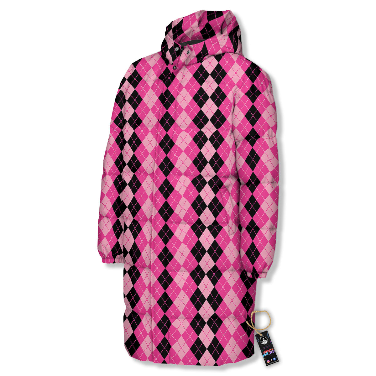 Argyle Pink And Black Print Pattern Long Down Jacket-grizzshop