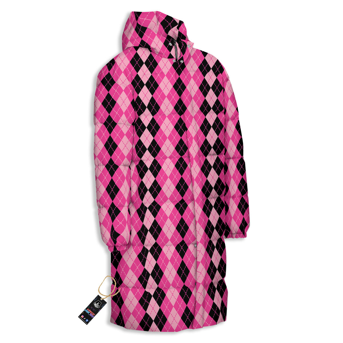 Argyle Pink And Black Print Pattern Long Down Jacket-grizzshop