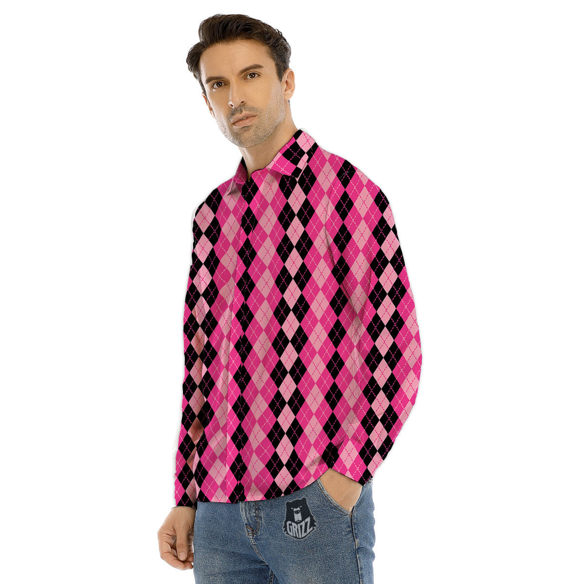 Argyle Pink And Black Print Pattern Men's Dress Shirts-grizzshop