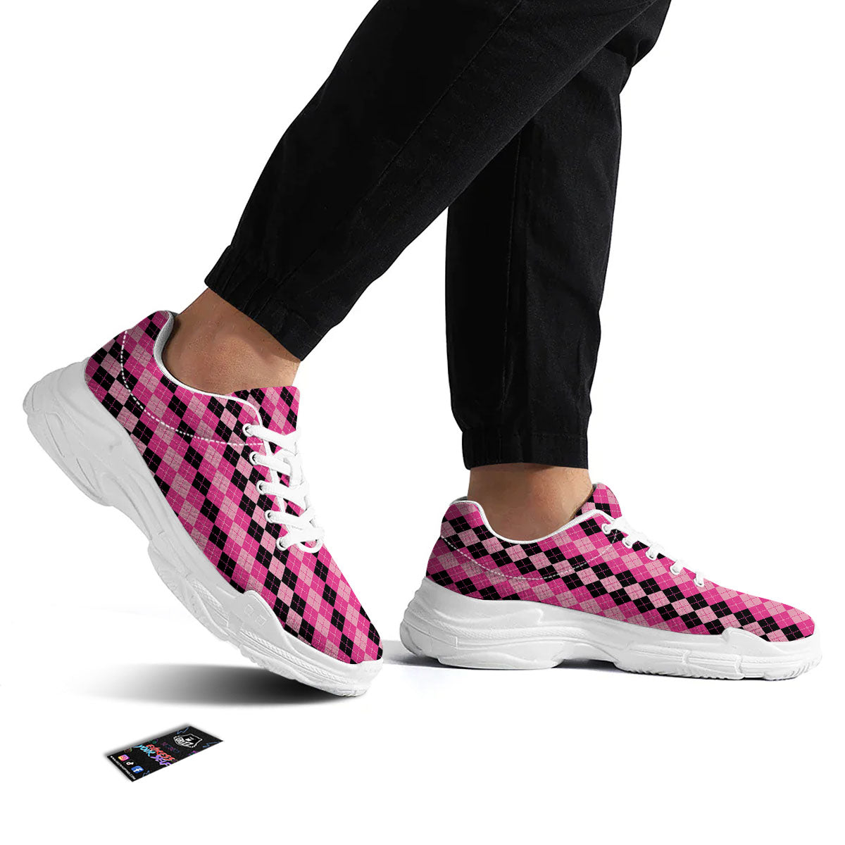 Argyle Pink And Black Print Pattern White Chunky Shoes-grizzshop