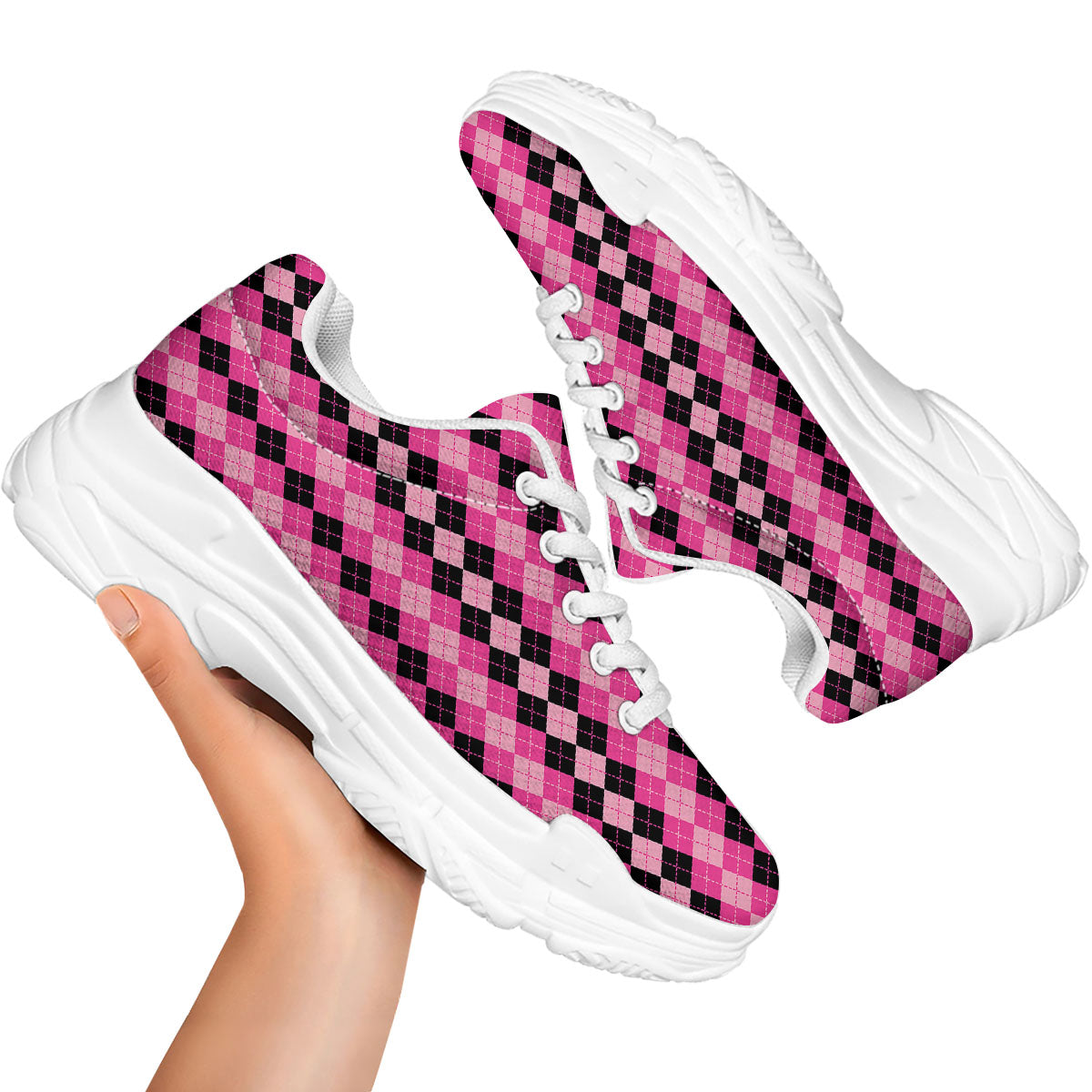Argyle Pink And Black Print Pattern White Chunky Shoes-grizzshop