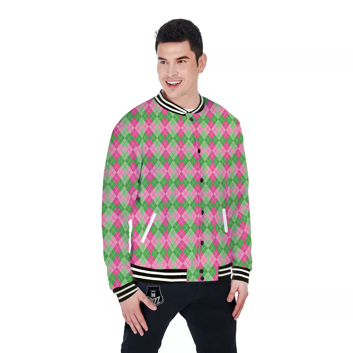 Argyle Pink And Green Print Pattern Baseball Jacket-grizzshop