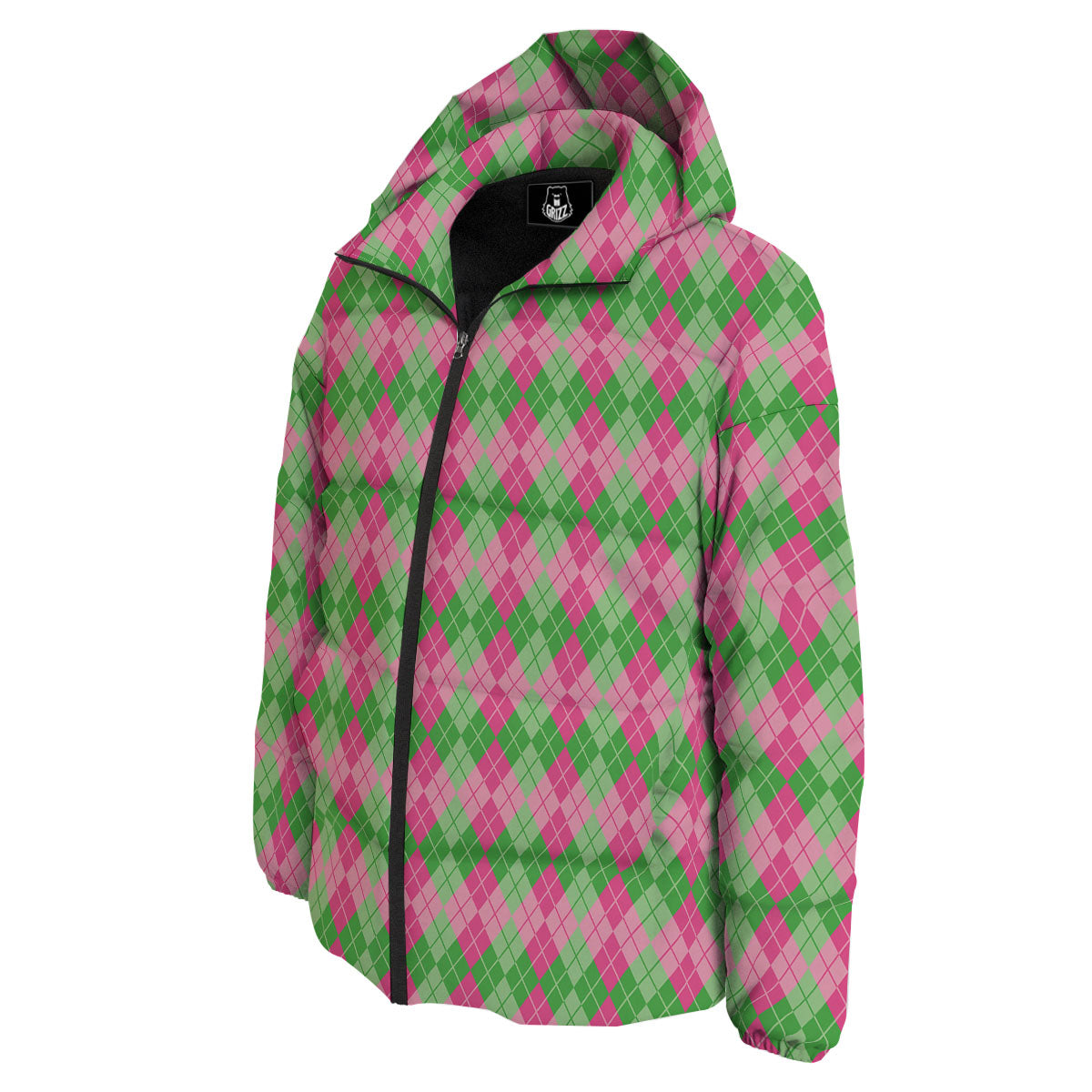 Argyle Pink And Green Print Pattern Down Jacket-grizzshop
