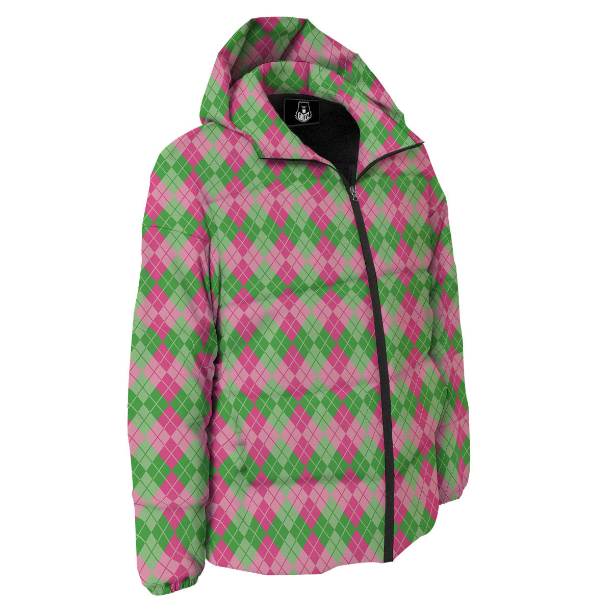 Argyle Pink And Green Print Pattern Down Jacket-grizzshop