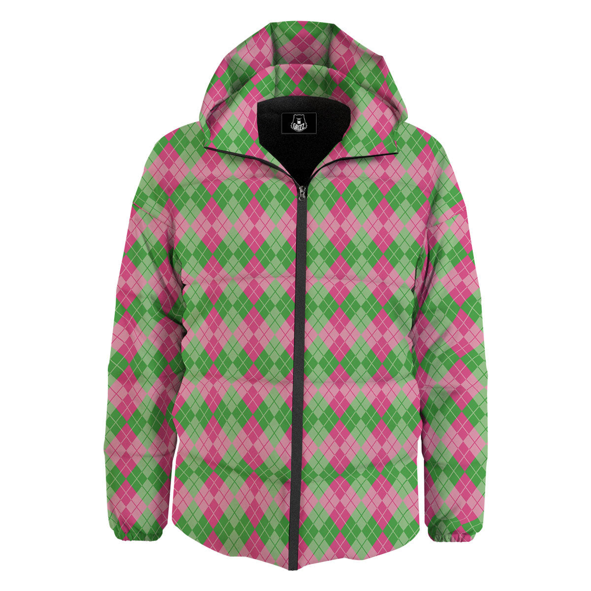Argyle Pink And Green Print Pattern Down Jacket-grizzshop