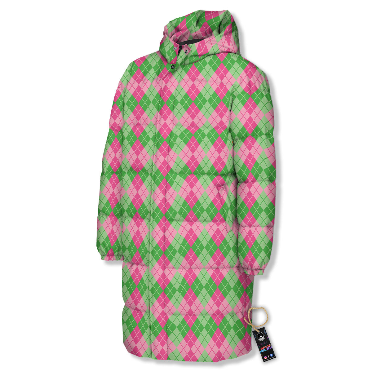 Argyle Pink And Green Print Pattern Long Down Jacket-grizzshop