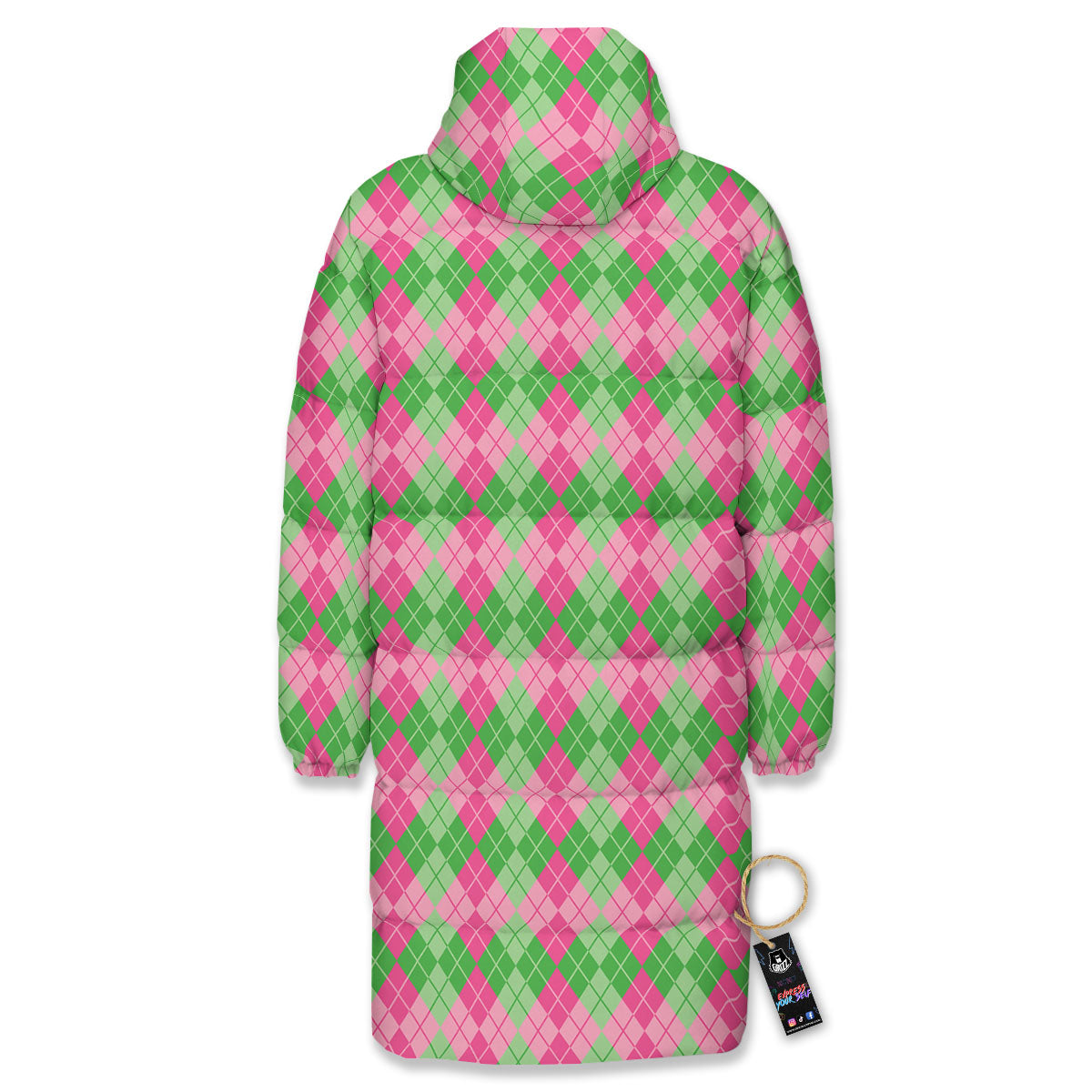 Argyle Pink And Green Print Pattern Long Down Jacket-grizzshop