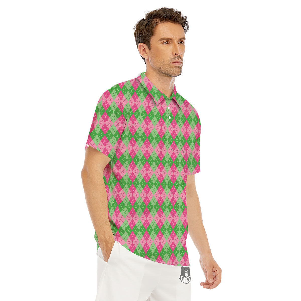 Argyle Pink And Green Print Pattern Men's Golf Shirts-grizzshop