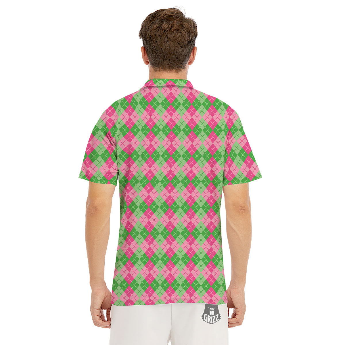 Argyle Pink And Green Print Pattern Men's Golf Shirts-grizzshop
