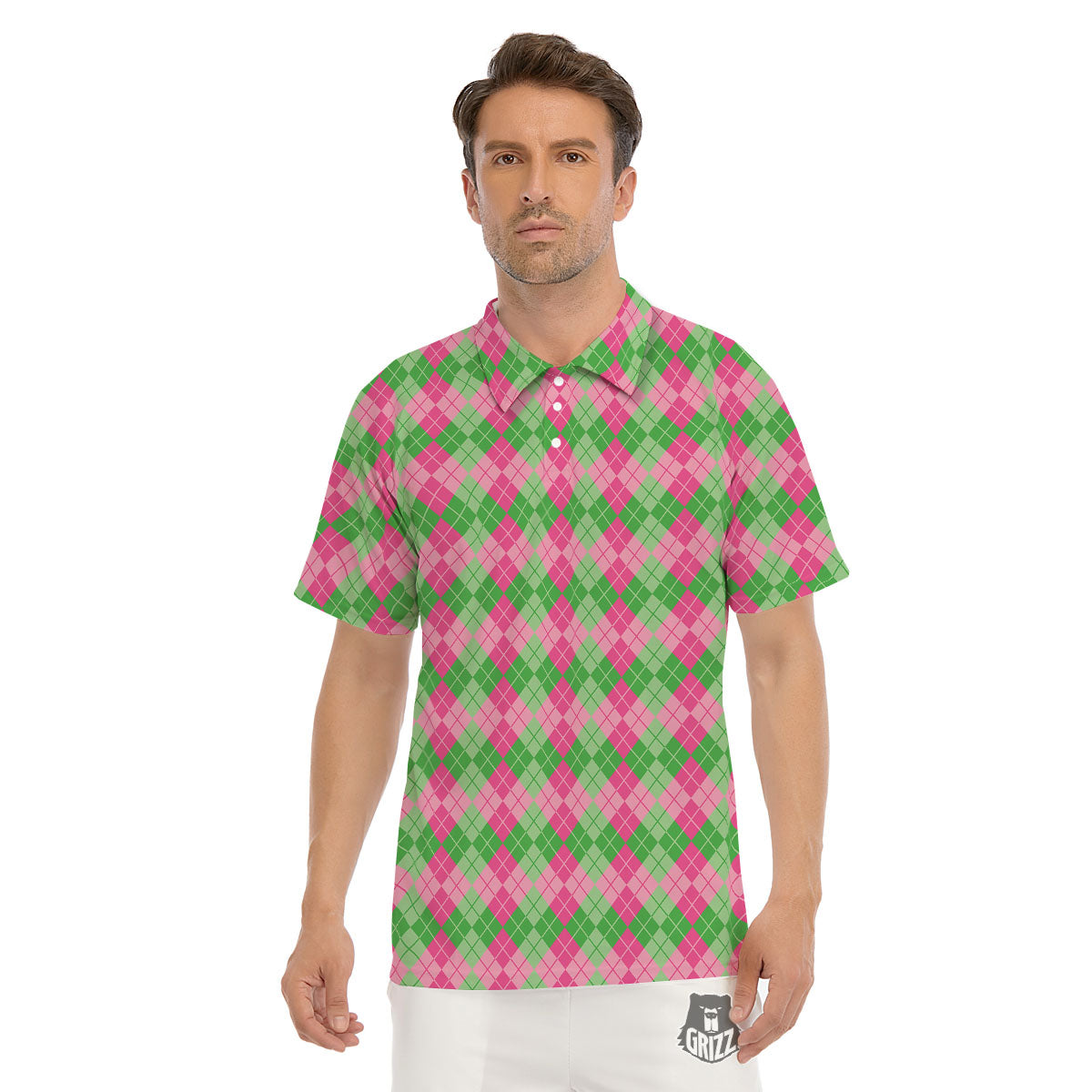 Argyle Pink And Green Print Pattern Men's Golf Shirts-grizzshop
